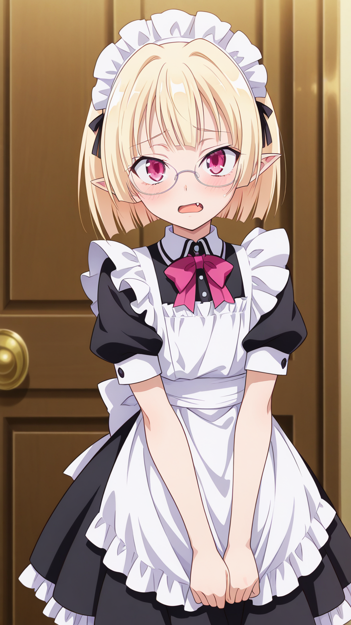 glasses,, masterpiece, best quality, amazing quality, very aesthetic, absurdres, newest, anime screencap, <lora:checkpoint-e22_s836:1>, gasper vladi, otoko no ko, blonde hair, pointy ears, red eyes, pink eyes, short hair, blunt bangs, fang,, maid, maid apron, frills, frilled dress, black dress, maid headdress, modern house,
