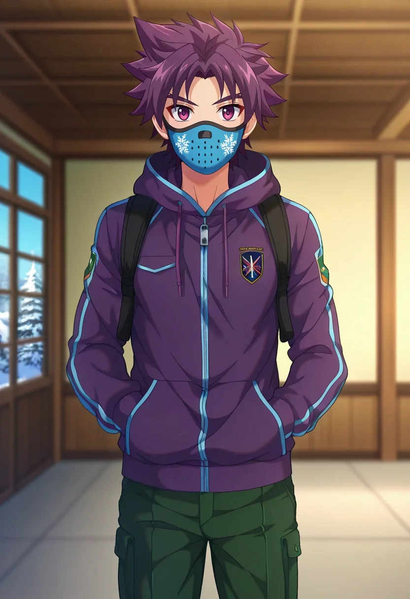 masterpiece, best quality, , anime screencap, anime coloring, official style, , depth of field, 1boy, solo, male focus, <lora:yoichi_yukimura_ilxl:1>, yoichi_yukimura, purple hair, purple eyes, short hair, spiked hair, uniform, , LemonZest Pleated trousers, Zip-up hoodie, , Ski mask,