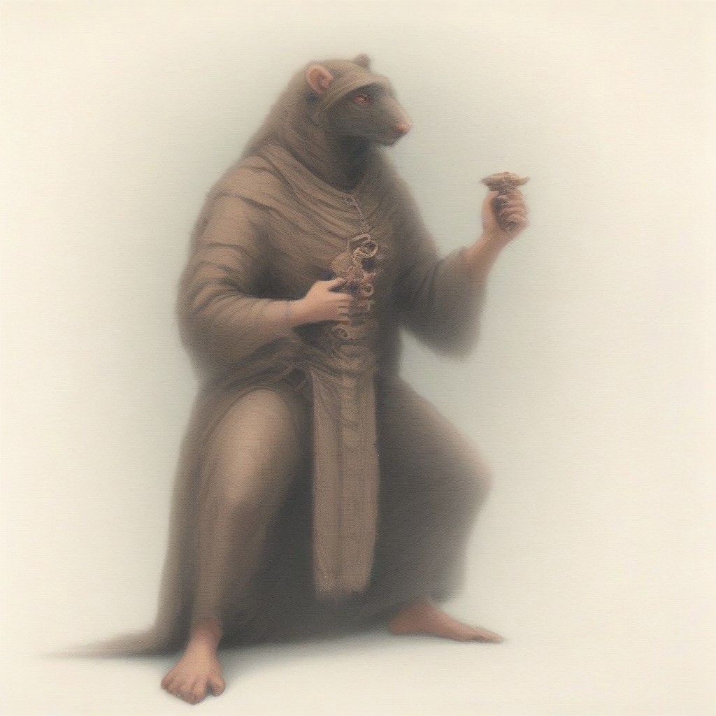 score_9, score_8_up, score_7_up, oblivionarts, ratfolk, furry rat, female focus, solo, 1girl, black fur, red eyes, big breasts, brown loincloth, beach background, traditional art, medieval aesthetic, best quality, detailed, masterpiece, Expressiveh, holding coconut, pamcocomat