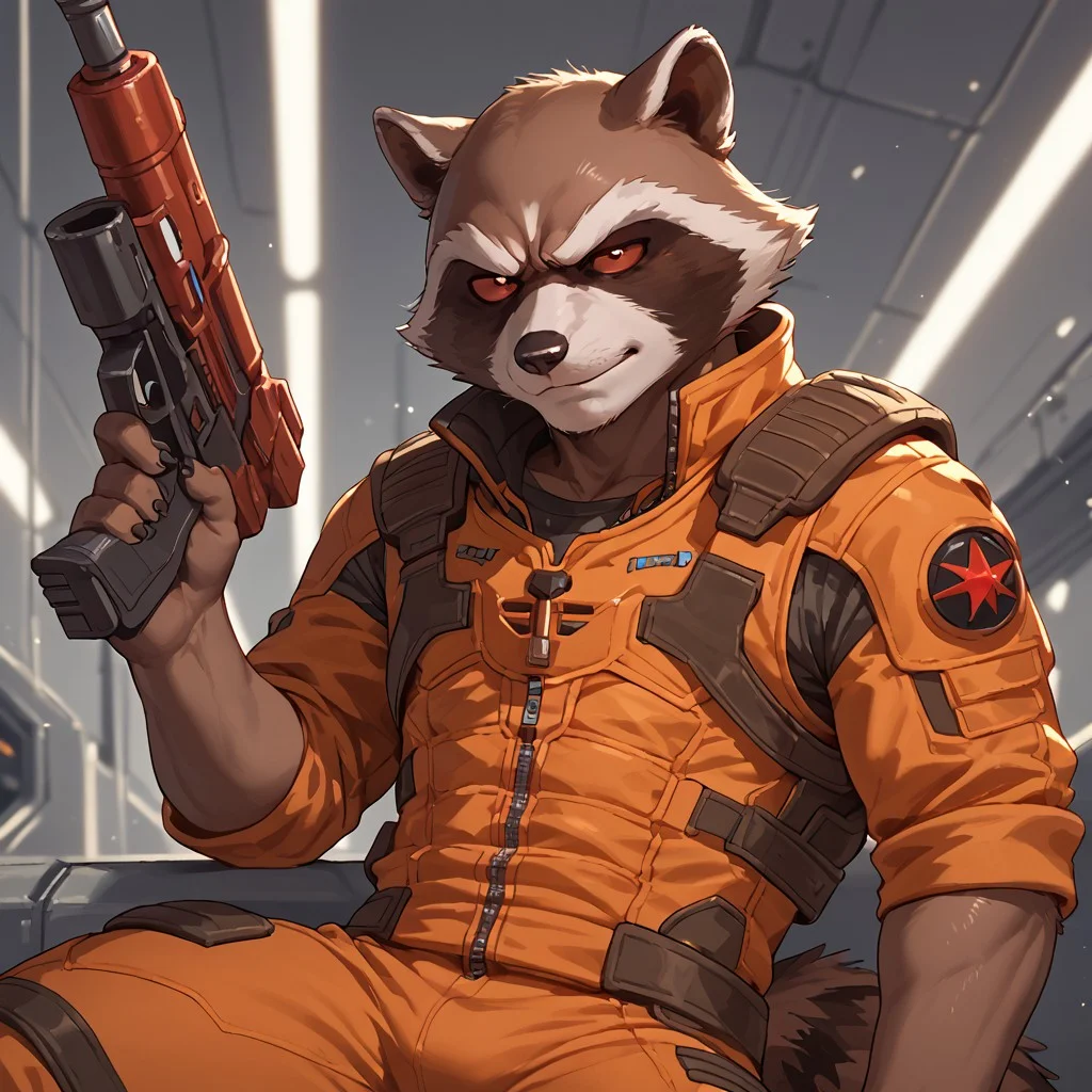Score_9, score_8_up, score_7_up, score_6_up, 1boy, solo, Rocket Raccoon, bara, red eyes, colored sclera, orange suit, holding gun, expressiveh,