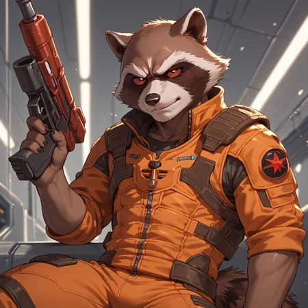 Score_9, score_8_up, score_7_up, score_6_up, 1boy, solo, Rocket Raccoon, bara, red eyes, colored sclera, orange suit, holding gun, expressiveh,