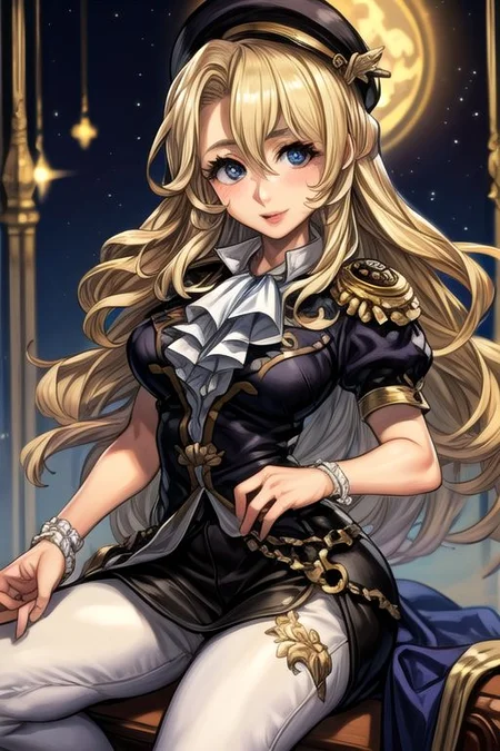 masterpiece, Lily Kokoschka , best quality, best quality, ultra-detailed, highres,sharp focus,(ultra detailed,extremely detailed), 1girl,(masterpiece, best quality), LilyKOKOSCHKA, 1girl, solo, long hair, blonde hair, hair between eyes, uniform, ascot, wavy hair, eyes visible through hair, white ascot, riding pants, hungry clicker,