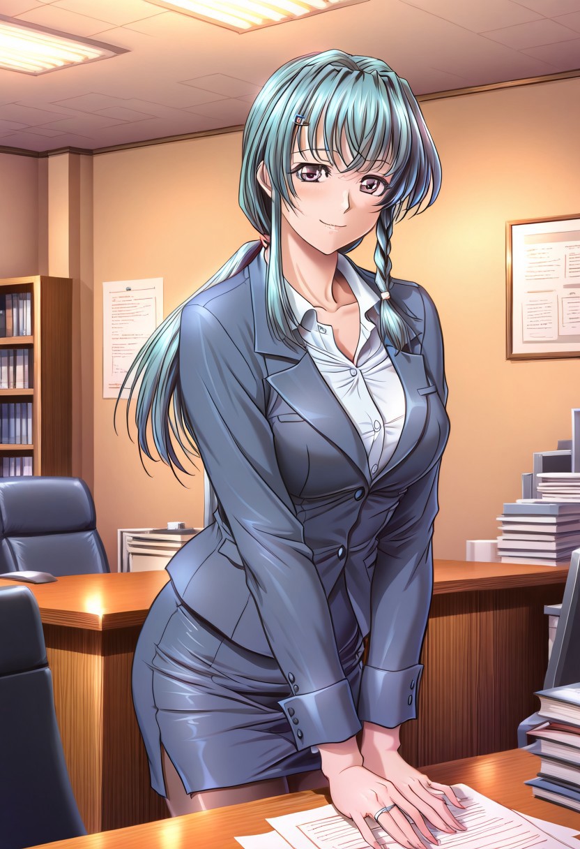 masterpiece, best quality, newest, highres, uncensored, 1girl,Kisaragi Shizuka,Long hair,Teal hair,Tiny Braid,Violet eyes,large breasts,
 large breasts, brown_eyes, long hair, hair intakes, bang, sidelocks, ponytail, hairclip,   slender face,,v arms,solo, skirt, pantyhose, skirt suit, office lady, suit, pencil skirt, formal, smile, shirt, looking at viewer, ring, jacket, blue skirt, white shirt, jewelry, standing, blue jacket, long sleeves, collared shirt, closed mouth, dress shirt,
office, room,