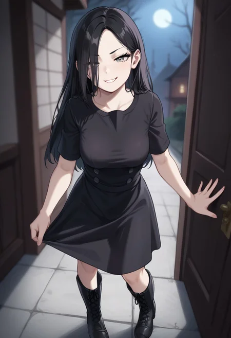 Expressiveh, score_9, score_8_up, score_7_up, source_anime, <lora:GreatM8_Style_XL_Pony_Revision:1>, greatm8 style, resident evil, Eveline, pale skin, 1girl, solo, smug, expressive eyes, grey eyes, black hair, long hair, hair over one eye, black dress, short sleeves, boots, perky breasts, petite, skinny body, (standing, sexy pose), (haunted house, spooky, nighttime)