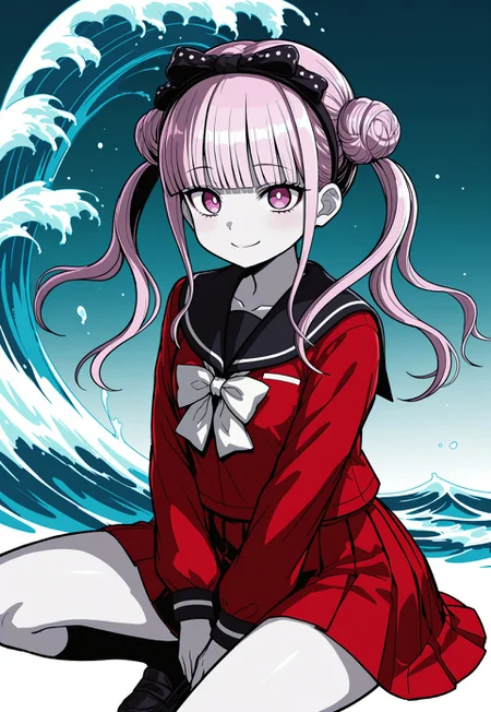 high contrast, masterpiece, best quality, amazing quality, very aesthetic, high resolution, ultra-detailed, absurdres, 1girl, solo, Kako Tsukumo, long hair, hair ornament, bow, twintails, pale skin, school uniform, pink hair, pleated skirt, serafuku, bowtie, blunt bangs, pink eyes, hair bun, double bun, red skirt, black hairband, white bow, red shirt, black sailor collar, headdress, white bowtie, black footwear, loafers, chibi, smile, looking at viewer, wave, basic background, gradient background,