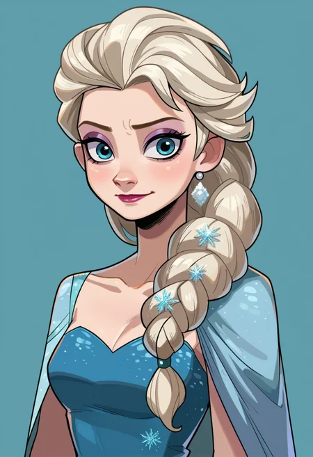 score_9, score_8_up, score_7_up, BREAK <lora:hades-guy-PONYv1:1>, shadow, portrait, blue background, 1girl, solo, elsa \(frozen\), dress,