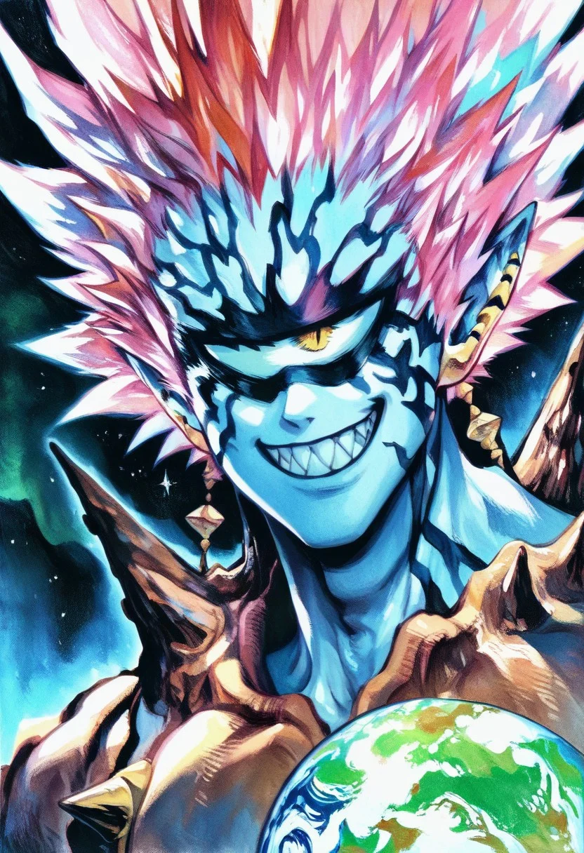 score_9_up, score_8_up, score_7_up, 1man, BREAK,
BOROS (ONE PUNCH MAN), BOROS BLUE FORM,
solo, smile, 1boy, jewelry, yellow eyes, pink hair, male focus, teeth, colored skin, traditional media, ring, sharp teeth, spiked hair, spikes, blue skin, planet
