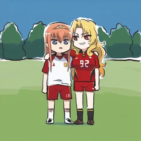 masterpiece, amazing quality, 2girls, MayaCordelia, AliciaViewstream, side by side, arm around shoulder, evil smile, tiara, outdoors, short sleeves, soccer uniform, shorts, grass, xinzoruo, chibi, full body, <lora:Maya&Alicia-ilxl:0.5>, <lora:XinzoruoStyle2_AnimagineXLv3:0.5>