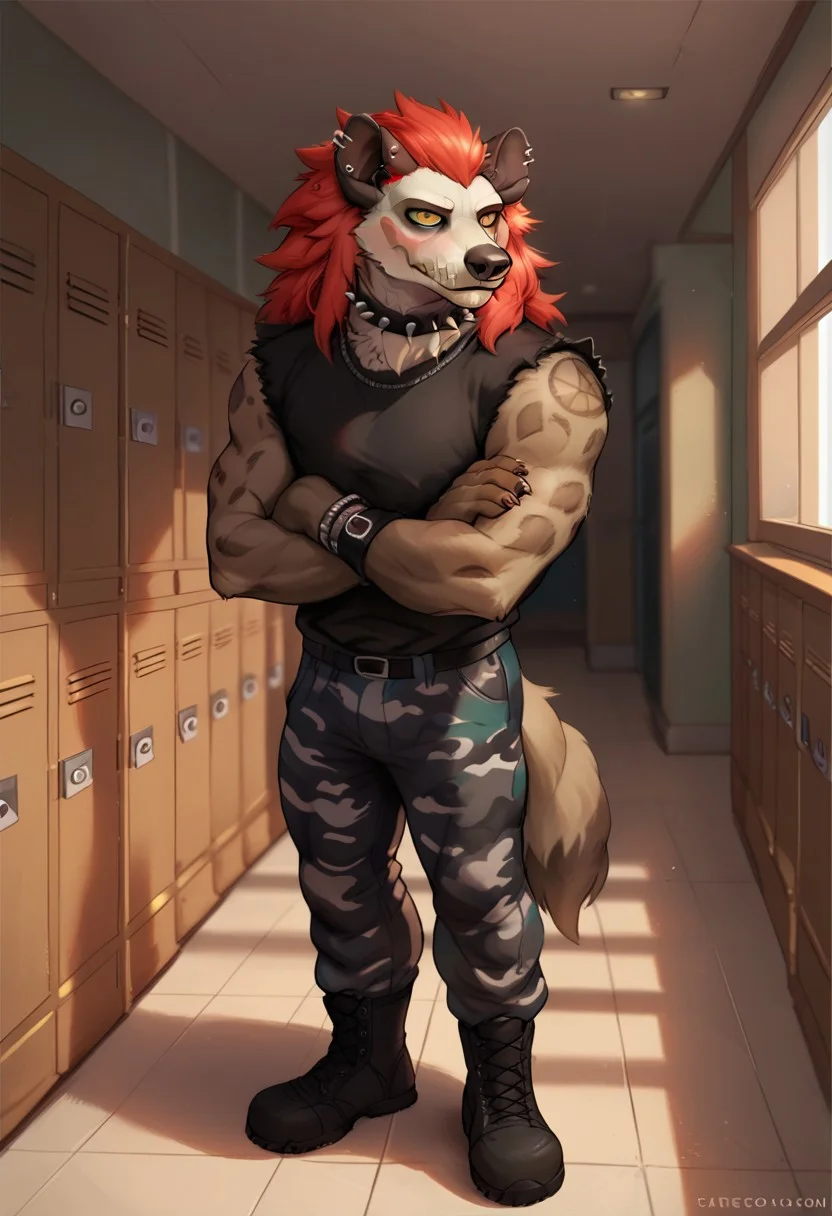 forsburnLovers, hyena, brown fur, spotted fur, red hair, face paint, skull, male, yellow eyes, solo, 1boy, male, masculine, arms crossed, school hallway, lockers, looking away, neutral expression, blush, score_9, score_8_up, score_7_up, score_6_up, score_5_up, score_4_up zPDXL, solo, light effects, (high quality:1), (realistic:1.2), good anatomy, muscular, solo, nice angle, (fullbody:1), standing, sleeveless shirt, camouflage pants, spiked collar, jewelry, bracelet, earrings, combat boots