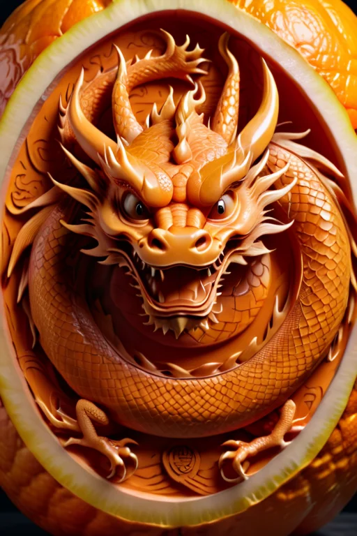 <lora:Dragon_Engraving-000002:0.8> dragon engraving carved into a large orange (fruit), 8k resolution,