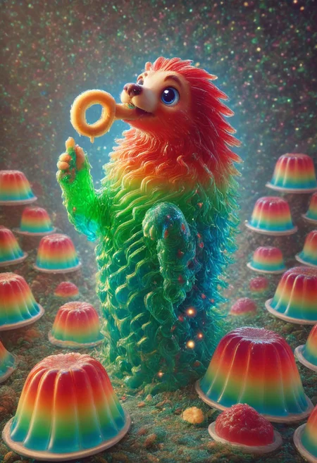a cute chibby dog with big eyes made out of Jellystyle, he is eating a clay banana, very detailed, 4k, sharp, eating rainbow worms, novuschroma51 style