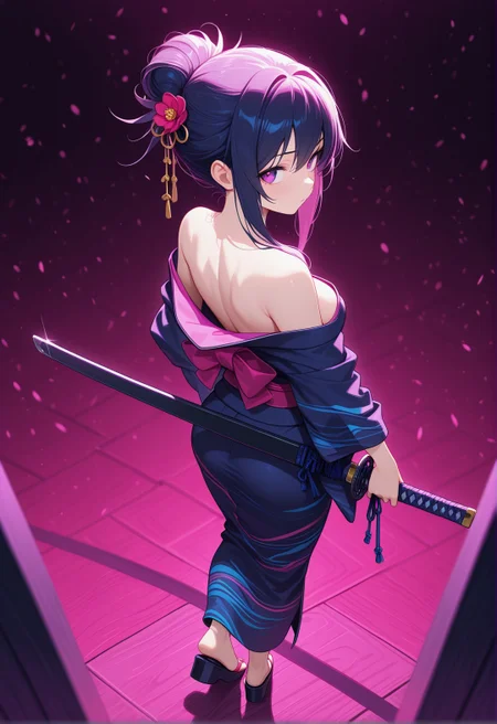 <lora:ck-neon-retrowave-IL-000012:1>, in the style of ck-rw, 1girl, depth of field, full body, looking back, looking at viewer, from above, hair bun, short hair with long locks, kimono, off shoulder, katana,
masterpiece,best quality,amazing quality