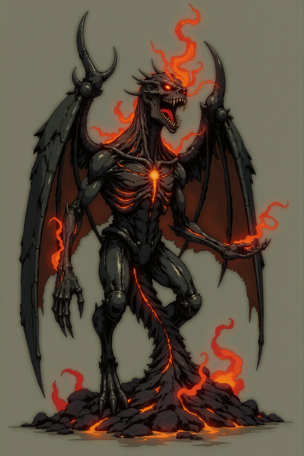 DGC style.
This menacing and otherworldly creature design depicts a hellish, dragon-like entity exuding raw power and primal terror. Its sinewy, skeletal frame is forged from an obsidian-like material, dark and textured, with jagged, sharp edges that mimic volcanic rock. The beast's massive wings stretch wide, their torn and spiked membranes resembling charred remnants, as if perpetually scorched by the infernal flames that burn within. Streams of glowing molten lava run along its limbs, ribs, and tail, illuminating cracks in its surface with searing orange and red light, giving the impression of a living furnace ready to erupt at any moment. The central torso is grotesquely detailed, with twisted, flame-like protrusions rising like jagged crowns from its back. Its head is a nightmarish visage of gaping jaws filled with jagged teeth, glowing from within as though it breathes fire in every exhalation. Fiery eyes burn with malevolent intelligence, adding to its intimidating presence. The creature's claws are elongated and razor-sharp, capable of tearing through any opposition with ease. Billowing plumes of ember-laden smoke rise from its body, curling ominously around its form, adding a dynamic sense of movement and heat. The muted gray background enhances the fiery contrast, spotlighting the beast's molten core and terrifying design. Every aspect of its form, from its molten veins to its skeletal yet powerful limbs, suggests an entity born of destruction and chaos, a harbinger of devastation that feels ancient, untamable, and apocalyptic.
<lora:Dark_Gothic_Comic_style_r2:1.0>