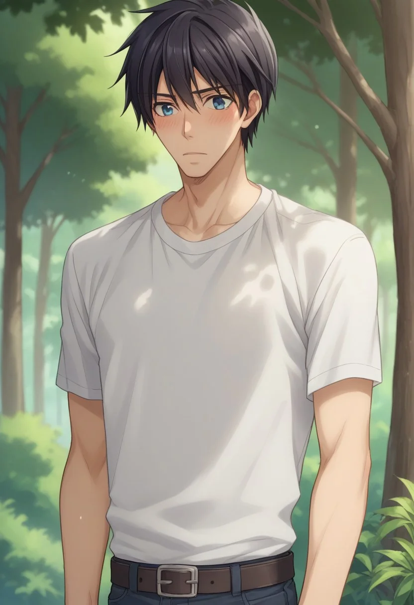 score_9, score_8_up, score_7_up, source_anime, highly detailed, slender,
nowaki, 1boy, male focus, solo, black hair, tree, blue eyes, blush, nature, forest,
shirt, white shirt, t-shirt, black t-shirt, belt, pants, upper body,