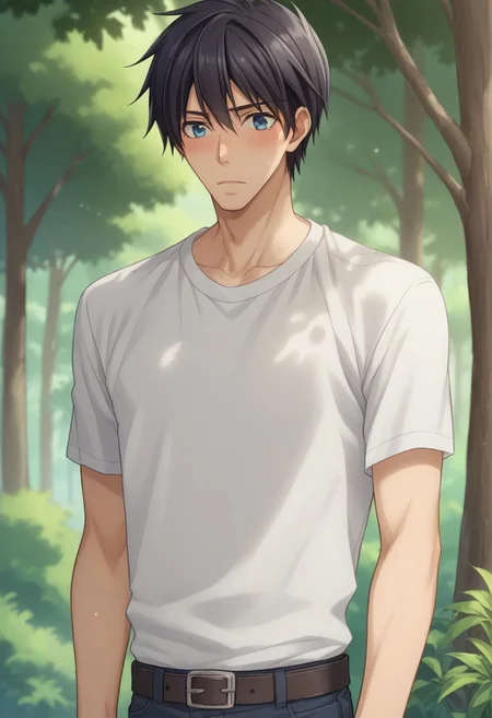 score_9, score_8_up, score_7_up, source_anime, highly detailed, slender,
nowaki, 1boy, male focus, solo, black hair, tree, blue eyes, blush, nature, forest,
shirt,  white shirt, t-shirt, black t-shirt, belt, pants, upper body,