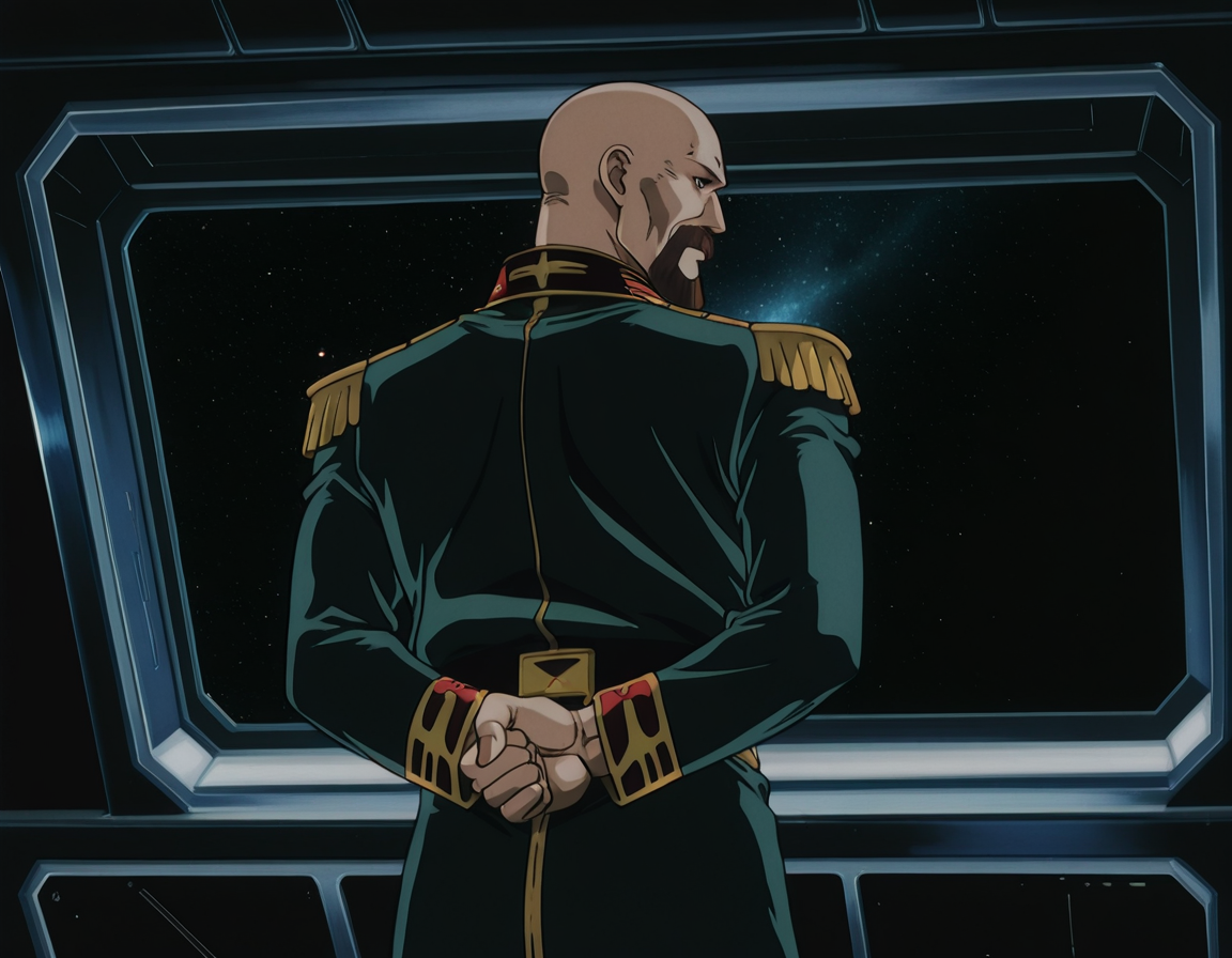 <lora:IL_Aiguille_Delaz:1>,sci-fi,1man,Aiguille Delaz,General's uniform,bald,
facial hair,
brown hair,
black eyes,adult,elder,from back,looking back,arms behind back,epaulettes,space,solo,, masterpiece,best quality,amazing quality,uncensored