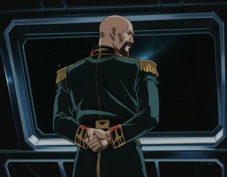 <lora:IL_Aiguille_Delaz:1>,sci-fi,1man,Aiguille Delaz,General's uniform,bald,
facial hair,
brown hair,
black eyes,adult,elder,from back,looking back,arms behind back,epaulettes,space,solo,, masterpiece,best quality,amazing quality,uncensored