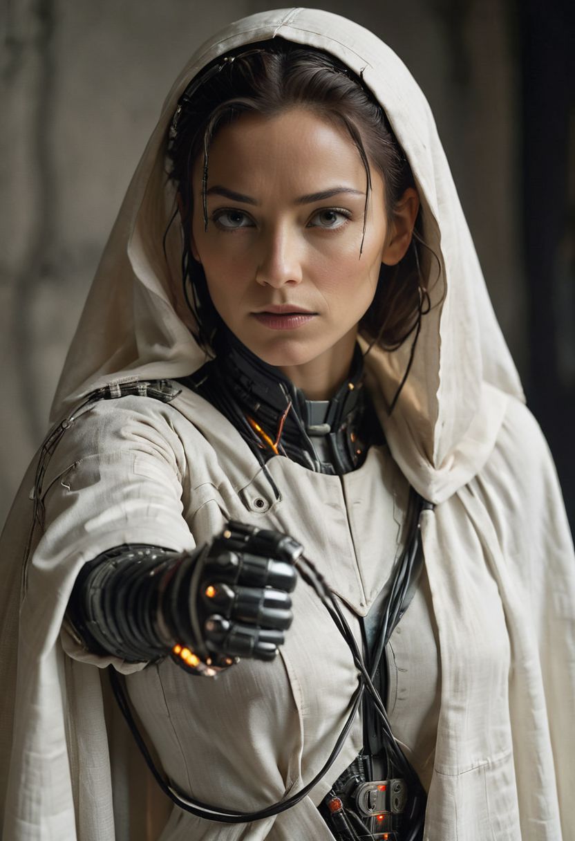 rc-scene, cyborg woman reaching hand to viewer, white linen cape, wires, cables, old technology, outworn and dirty,
atmospheric haze, Film grain, cinematic film still, shallow depth of field, highly detailed, high budget, cinemascope, moody, epic, OverallDetail, 2000s vintage RAW photo, photorealistic, candid camera, color graded cinematic, atmospheric lighting, imperfections, natural, shallow dof