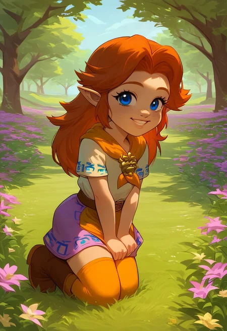 (((score_9, score_8_up, score_8, solo, female, malon, short sleeves, boots, belt, malon dress, purple skirt, brown belt, yellow neckerchief, orange long stockings, female, cute, cub, young cub, young))), (((eye lashes, brown hair, blue eyes))), (masterpiece, best quality, hires, high resolution:1.2), rating_explicit, detailed background, (((garden, tree, outdoors, grass, orange long stockings))), (((smile, suggestive, looking at viewer))) (((laying on grass, side, orange long stockings})), (((female, solo))),