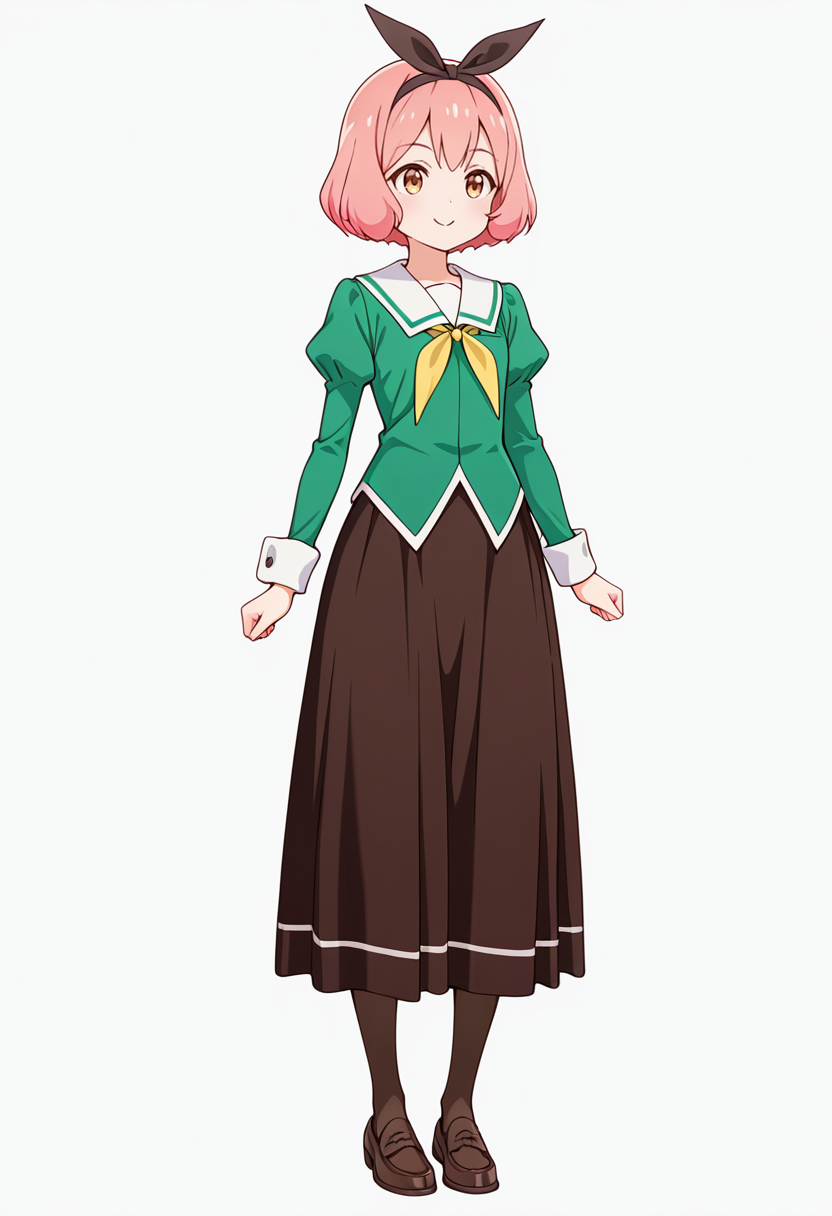masterpiece,high quality details,absurdres, 
 <lora:Koshiba_Mai:0.8>
mar_cnr, 1girl, pink hair, short hair, bangs, brown eyes,black hairband,
mar_s1,green shirt, white sailor collar, serafuku,long skirt,black-brown skirt, juliet sleeves,pantyhose, loafers,, simple background, white background, front view,solo,, c:,