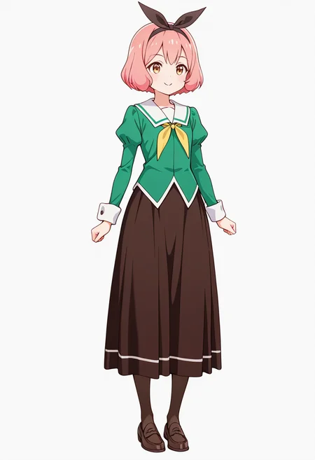 masterpiece,high quality details,absurdres,
<lora:Koshiba_Mai:0.8>
mar_cnr, 1girl, pink hair, short hair, bangs, brown eyes,black hairband,
mar_s1,green shirt, white sailor collar, serafuku,long skirt,black-brown skirt, juliet sleeves,pantyhose, loafers,, simple background, white background, front view,solo,, c:,