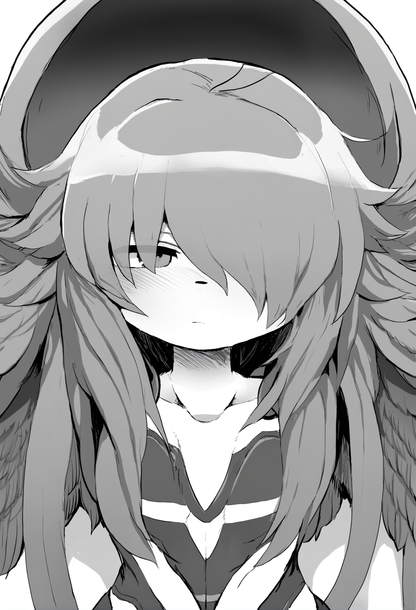 masterpiece, hyper detailed, best quality,(furry:1.3),greyscale, monochrome, solo, 1girl , long hair, white background, simple background, hair over one eye  ,<lora:DAGASIXLlokr8f-000188:0.95>