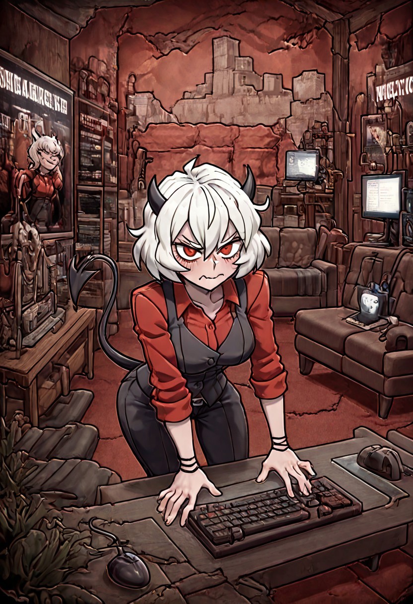 masterpiece, best quality, newest, absurdres, highres, H3GM/P-V1.1, 
1girl, malina \(helltaker\), demon girl, short hair, white hair, horns, demon tail, couch, computer, monitor, PC, computer mouse, keyboard,