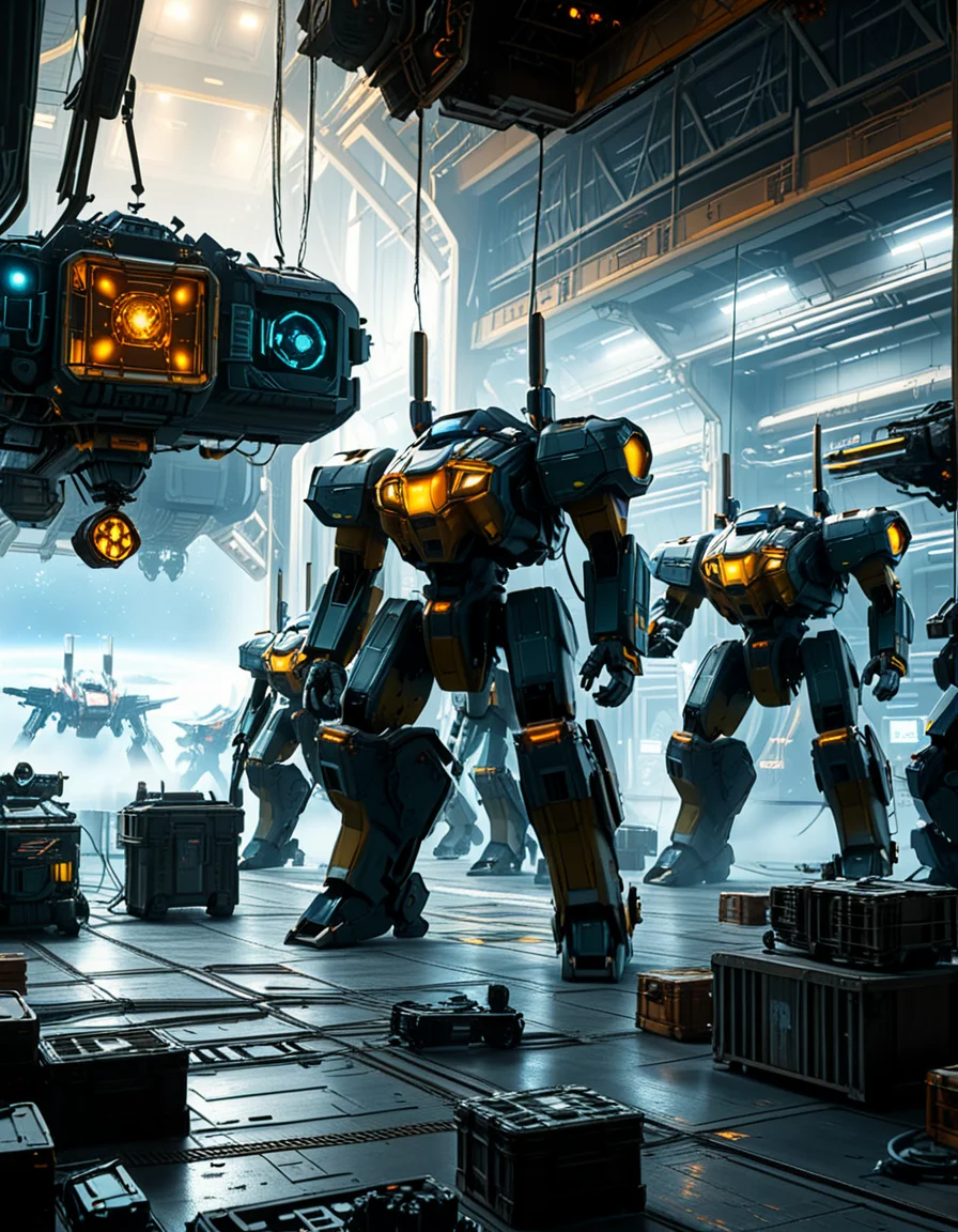 A massive, futuristic spaceship hangar filled with towering battle mechs undergoing maintenance. The hangar is dimly lit, with industrial lighting casting a cold, bluish glow over the metallic surfaces. The high ceiling is lined with steel support beams, catwalks, and suspended cranes used for repairing the massive war machines. The walls are adorned with warning signs, control panels, and illuminated holographic displays providing diagnostic data on the mechs. In the foreground, a colossal mech stands on a heavy-duty platform, its armored plating showing signs of battle damage, with exposed mechanical parts being worked on by robotic arms. The ground is marked with yellow hazard lines and scattered with tools, power cables, and spare parts. Steam rises from various vents, adding to the gritty, industrial feel. In the background, more mechs are stationed in docking bays, with their weapons and mechanical limbs being adjusted by automated repair systems. A large open bay door at the far end reveals the vastness of space, with distant stars and a massive planet visible beyond the hangar. The scene is detailed, immersive, and full of high-tech military sci-fi energy.
<lora:SDXLFaeTastic2400:0.4> <lora:extremely_detailed:0.4> extremely detailed,<lora:mechwarriors_spaceship_h4ng4r:1>,mechwarriors spaceship h4ng4r, Masterpiece,best quality,hi res,8k,hi res,8k,award winning,(sharp focus, intricate, highly detailed),