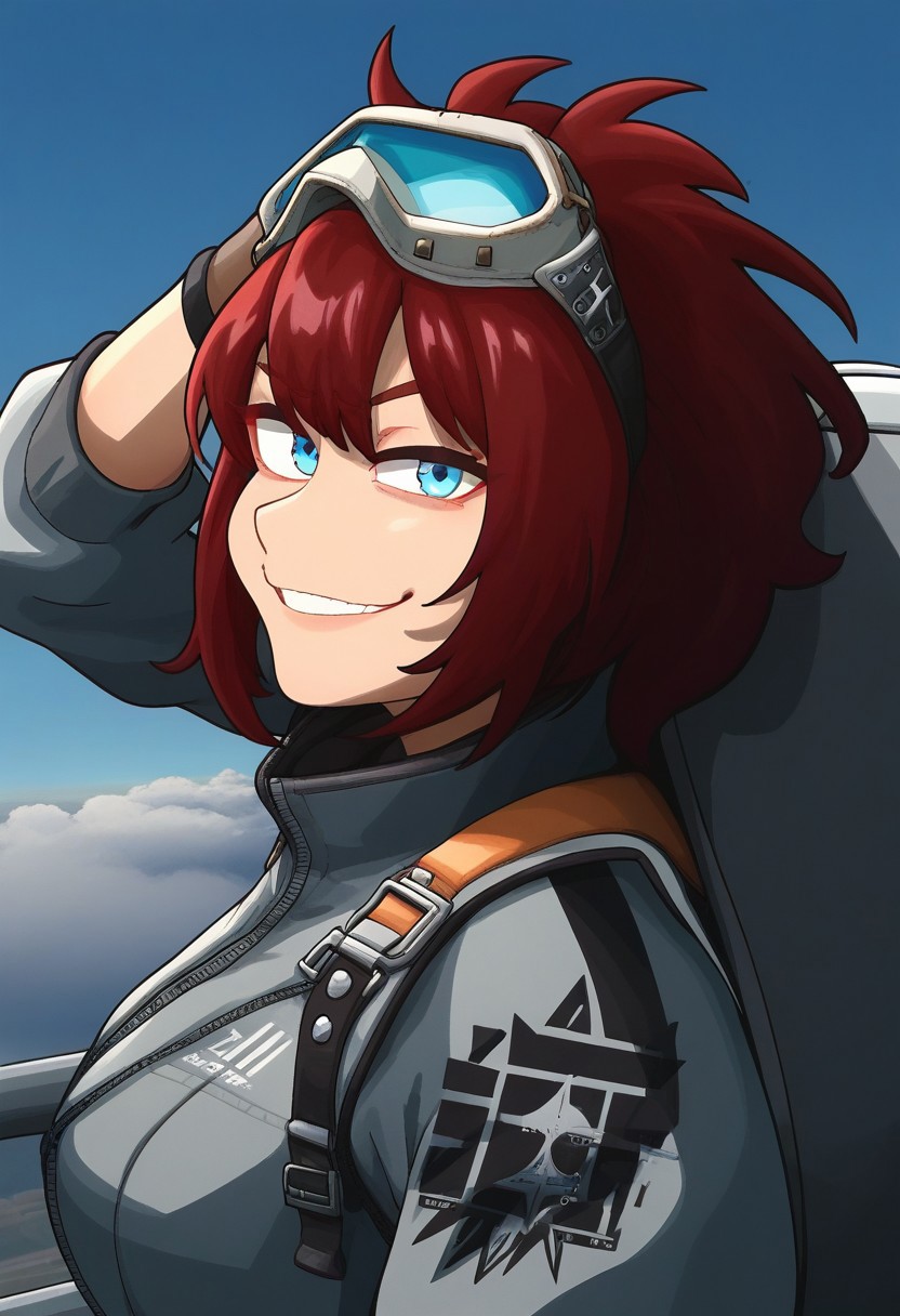 skigirl, light blue eyes, red hair, z googles, smug, about to sky dive, on a plane about to jump, wearing a parachute, looking at viewer, side view,