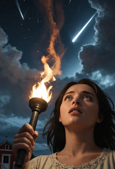 (close up, from below:1.25), farm girl, feudal, european, holding torch, (looking up:1.25), night, falling meteor, plains, cloudy sky, eye glare, high contrast, black background, detailed face <lora:Lora\SDXL\sdxl_offset_example_v10>