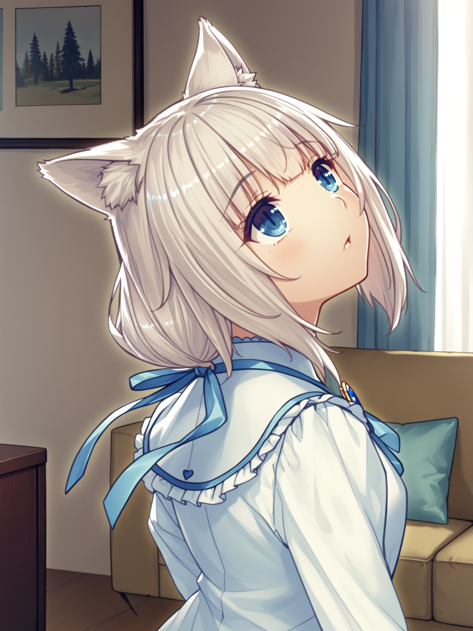 <lora:happy_tentacle-vanilla-v0.1-000010:1>, ht_vanilla, dress shirt, frills, bowtie, hair ribbon, brooch, blue ribbon, blue bow, neck bell, living room , 1girl, solo, upper body , , flustered , , looking up , , from back , score_9, score_8_up, score_7_up, score_6_up, score_5_up, score_4_up
