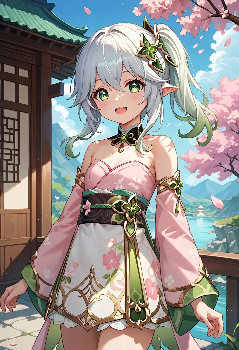 1girl,
nahida, my nahida, genshin
skinny,
pink kimono, floral prints, white short skirt, sleeveless kimono, strapless kimono,detached sleeves,
blush,
cherry blossom, outdoor, happy,
detailed eye, detailed face, detailed skin,
score_9, score_8_up, score_7_up,source_anime,