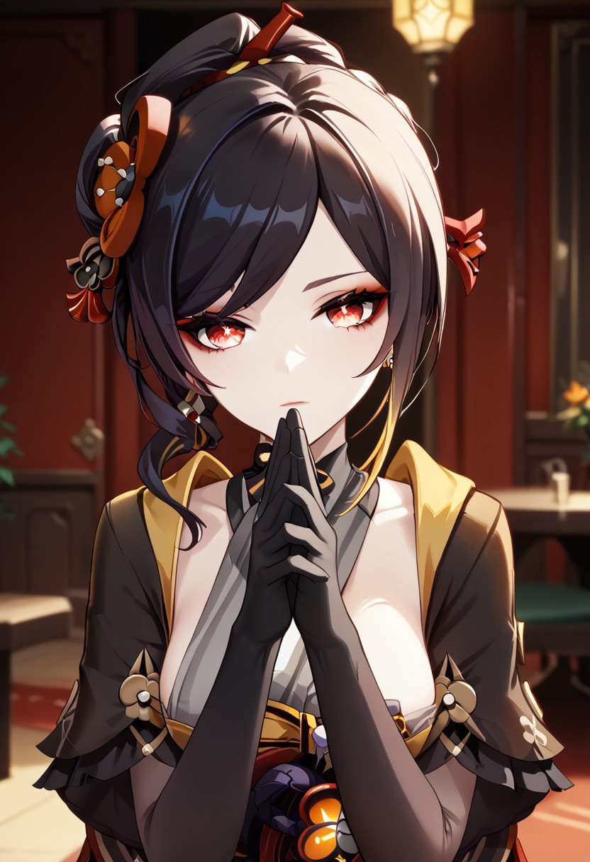 score_9,score_8_up,score_7_up,source_anime,CHIORI_(GENSHIN_IMPACT),1girl,solo,breasts,looking at viewer,bangs,black hair,hair ornament,red eyes,gloves,jewelry,upper body,multicolored hair,earrings,black gloves,head tilt,makeup,own hands together,
