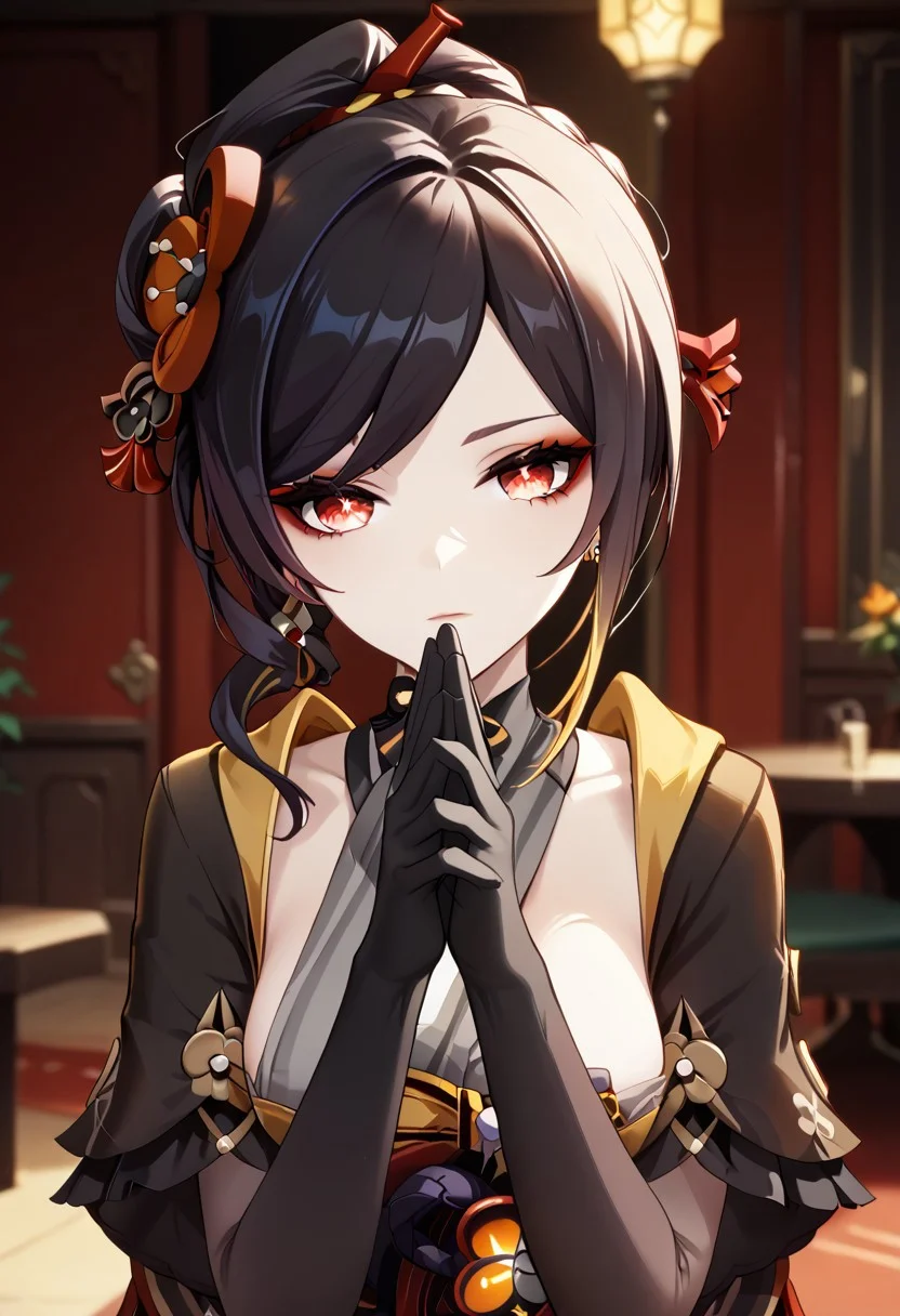score_9,score_8_up,score_7_up,source_anime,CHIORI_(GENSHIN_IMPACT),1girl,solo,breasts,looking at viewer,bangs,black hair,hair ornament,red eyes,gloves,jewelry,upper body,multicolored hair,earrings,black gloves,head tilt,makeup,own hands together,