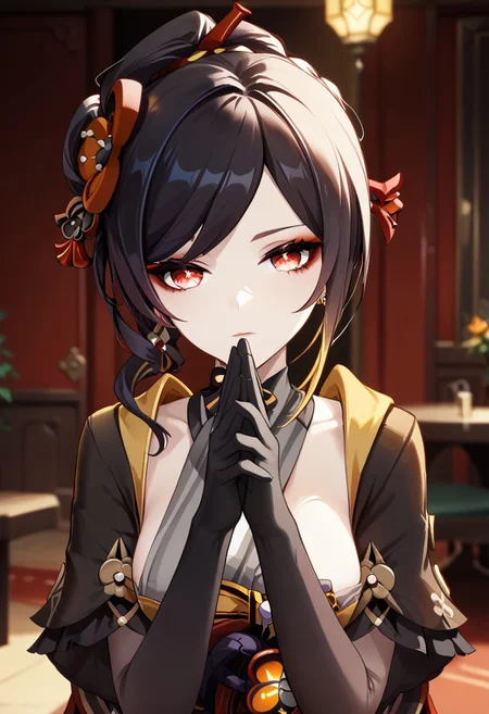 score_9,score_8_up,score_7_up,source_anime,CHIORI_(GENSHIN_IMPACT),1girl,solo,breasts,looking at viewer,bangs,black hair,hair ornament,red eyes,gloves,jewelry,upper body,multicolored hair,earrings,black gloves,head tilt,makeup,own hands together,