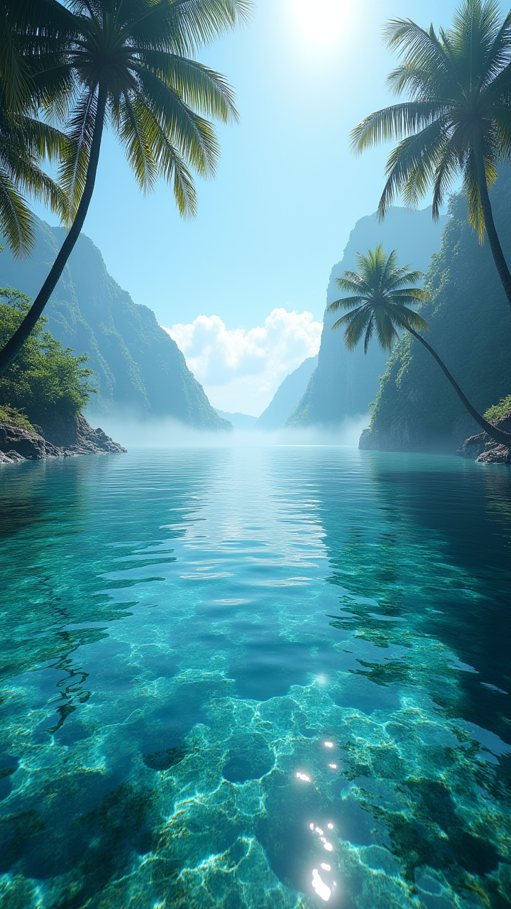 The crystal-clear waters of the Sea Pen shimmer in the sunlight, reflecting the vibrant colors of the surrounding sea. Towering palm trees sway gently in the breeze, and the sound of waves crashing against the shore can be heard in the distance. Foggy conditions, aidmaMJ6.1