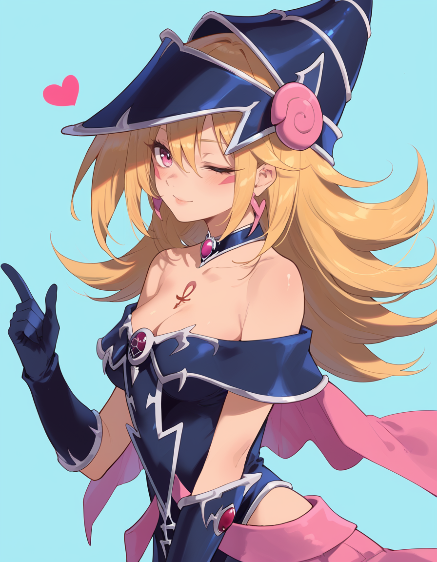 (score_9:0.9),score_8_up,score_7_up,rating_safe,(zPDXL3),
<lora:Magi Magi Magician Gal ponyXL v1.1:0.75>,
magi magi magician gal, 1girl, solo, one eye closed, cleavage, heart, looking at viewer, cyan background, medium breasts, black choker, black gloves, black strapless dress, from side, black wizard hat, chest tattoo, facial mark, pink earrings, pink skirt, dark-skinned female, simple background