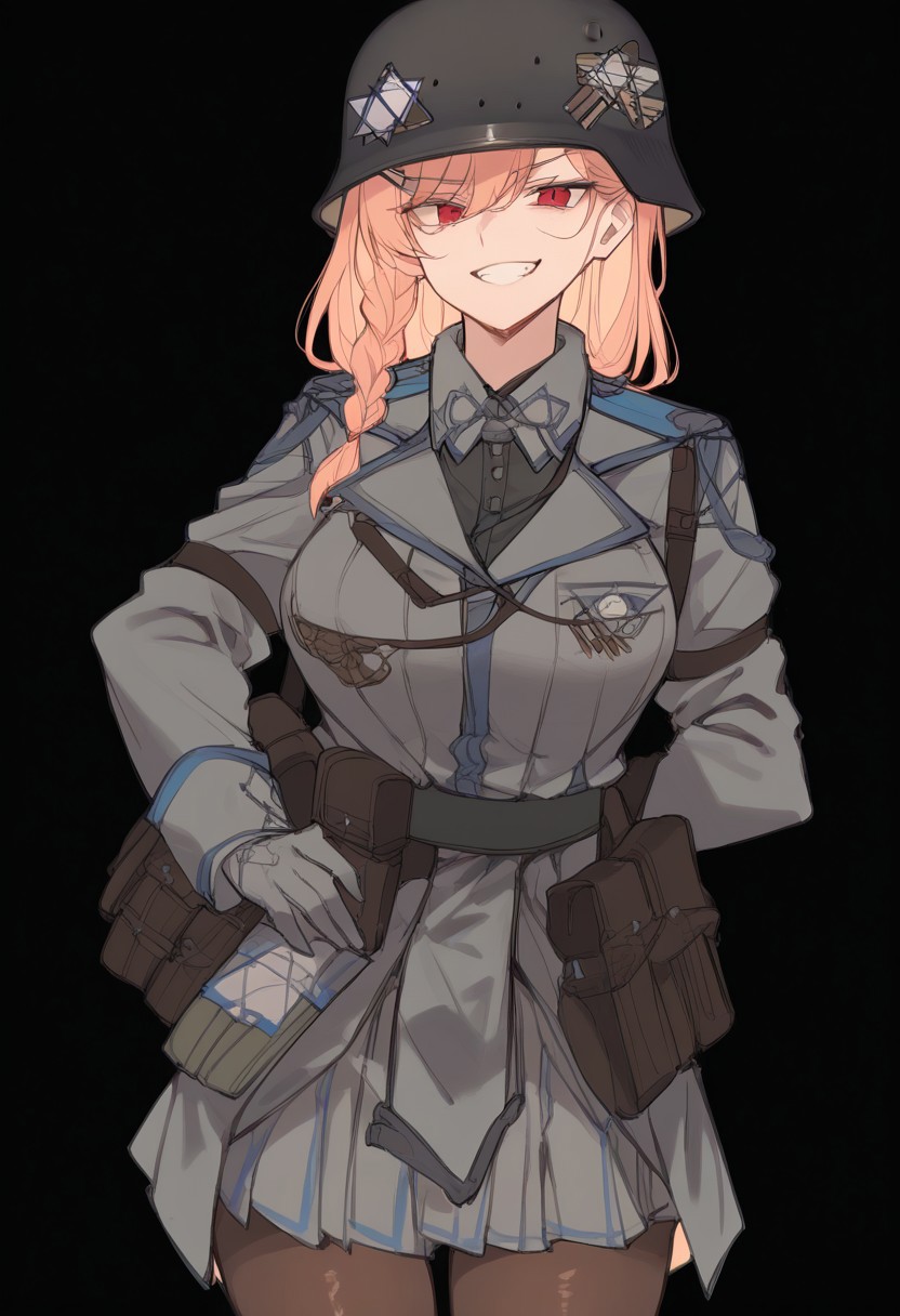 score_9, score_8_up, score_7_up, score_6_up, score_5_up, score_4_up, masterpiece, best quality, <lora:Sayustyle:1>, 1girl, simple background, high contrast, two-tone background, Expressiveh, black background, cowboy shot, smirk, negev, large breasts, wehr, grey uniform, grey military uniform, grey helmet, ammunition pouch