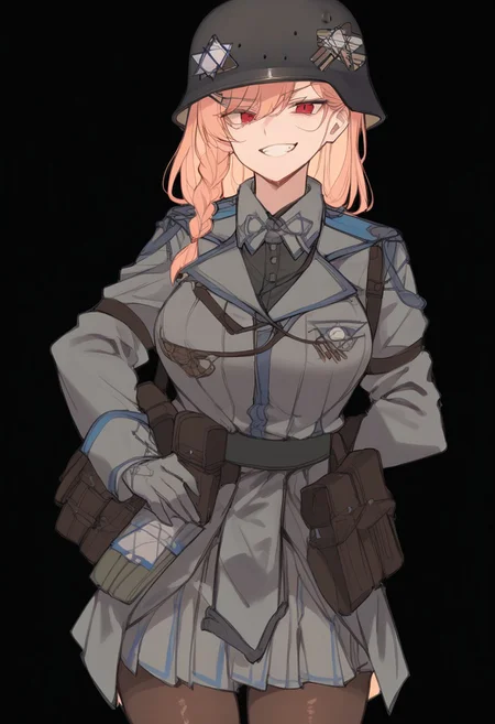 score_9, score_8_up, score_7_up, score_6_up, score_5_up, score_4_up, masterpiece, best quality, <lora:Sayustyle:1>, 1girl, simple background, high contrast, two-tone background, Expressiveh, black background, cowboy shot, smirk, negev, large breasts, wehr, grey uniform, grey military uniform, grey helmet, ammunition pouch
