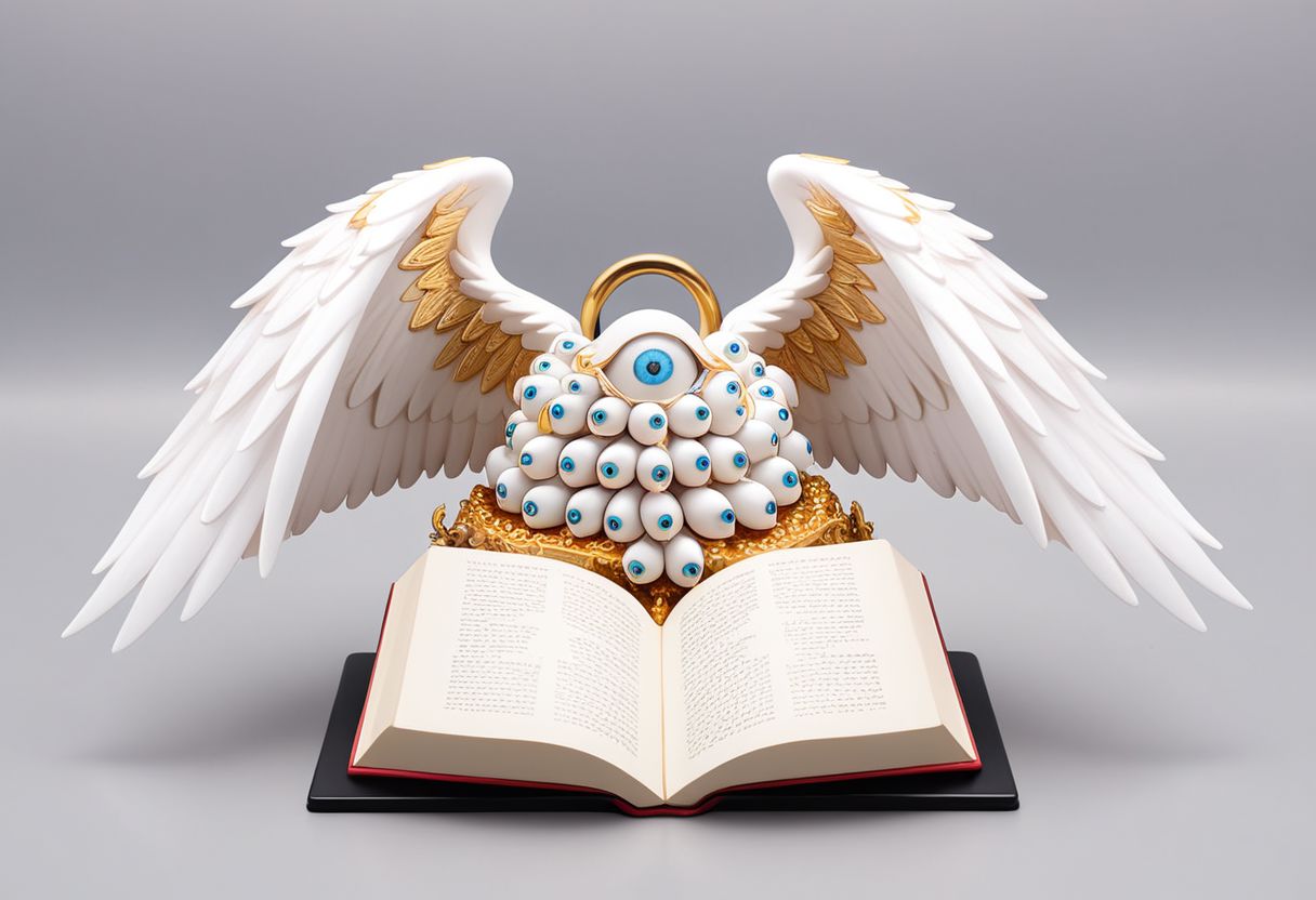 seraphim, mystical creature with hundreds of eyes and wings, PVC figurine, open book stand, profile angle
