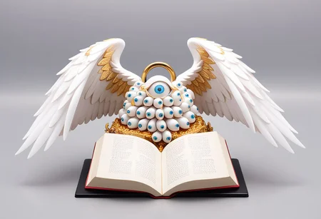seraphim, mystical creature with hundreds of eyes and wings, PVC figurine, open book stand, profile angle