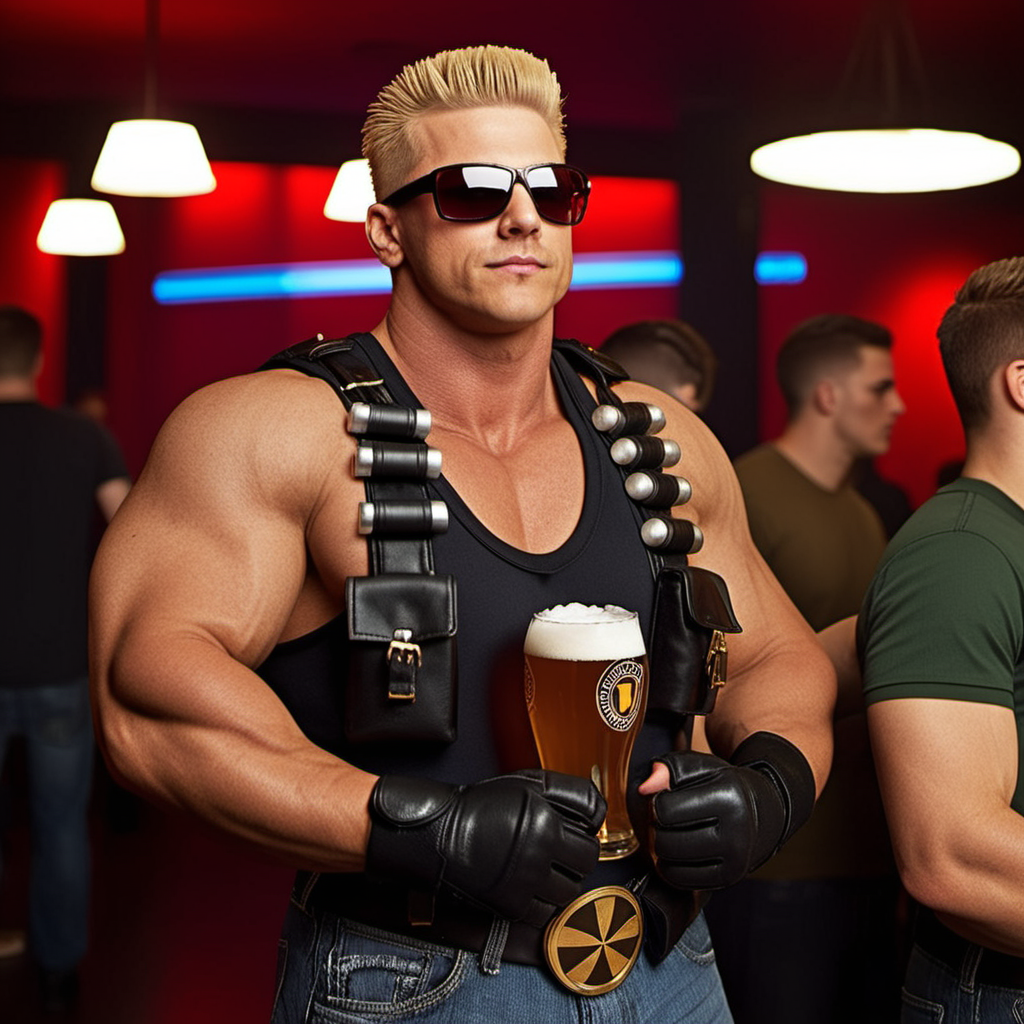 DukeNukem1024, a muscular blond man with sunglasses, drink a beer in a stripclub, highly detailed, photography, ultra sharp, film, professional, 64k  <lora:add-detail-xl:1.5>  <lora:DukeNukem1024:0.8>