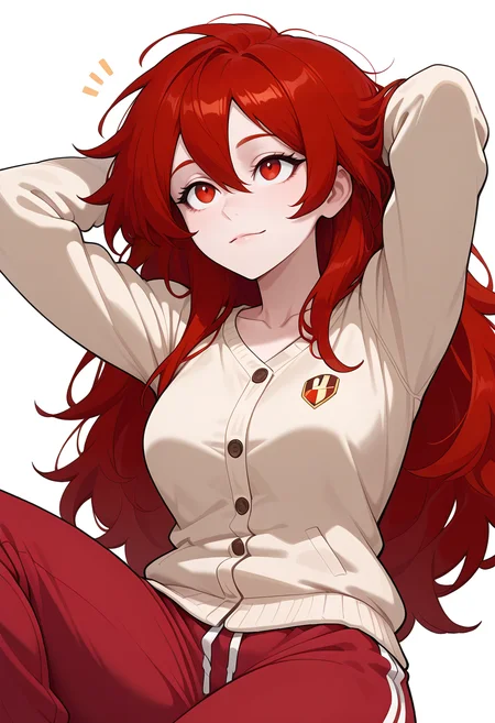 Smooth Quality,masterpiece,beautiful aesthetic, very intricate, high quality details, ultra realistic, high detailed skin,
white background, simple background,
reclining, arms folded behind head, one knee bent, looking up, peaceful mood, ,surprised,\m/ ,
<lora:Redcnn:0.8> red/cnn, 1girl, red eyes, long hair, hair between eyes, collarbone, red hair, messy hair,
cardigan, ,track pants, ,