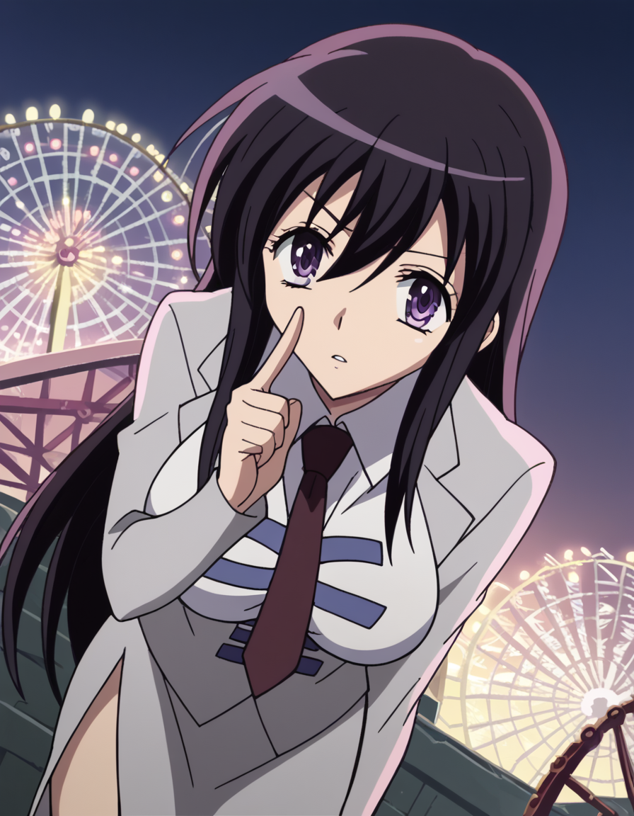 score_9, score_8_up, score_7_up, source_anime, <lora:kyouko-sonan-s1-ponyxl-lora-nochekaiser:1>, kyouko sonan, long hair, black hair, purple eyes, hair between eyes, sidelocks, anime screencap,, skirt, long sleeves, uniform, side slit, skirt suit, necktie, large breasts,, ferris wheel, lights, high, view, rotating, , <lora:finger-to-cheek-ponyxl-lora-nochekaiser:1>, finger to cheek, index finger raised, pointing at self, bedroom, parted lips, leaning forward, bent over, cowboy shot, dutch angle,, looking at viewer, solo,, dutch angle, cowboy shot