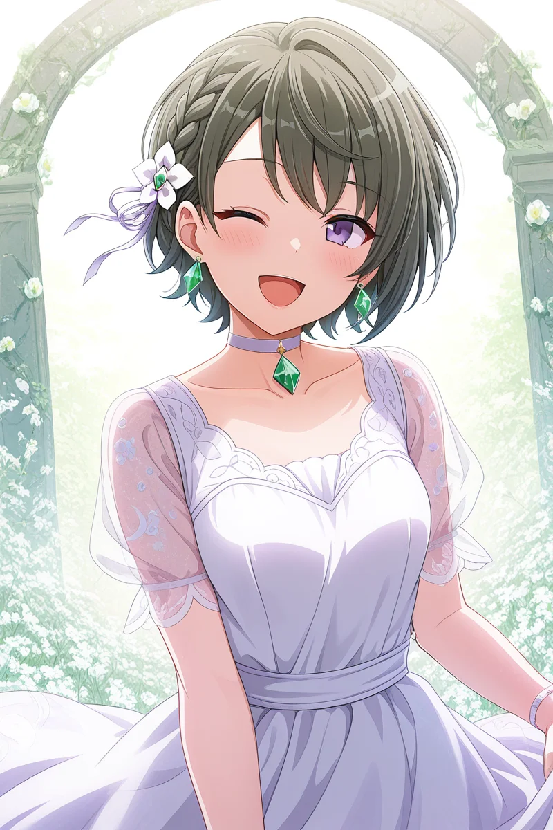 masterpiece, best quality, amazing quality,
 <lora:Suzu_IL:1> suzu, 1girl, one eye closed, gem, solo, see-through sleeves, braid, smile, short hair, purple eyes, open mouth, see-through, flower, choker, dress, collarbone, short sleeves, jewelry, diamond (gemstone), white dress, looking at viewer, ;d, hair ornament, earrings, upper body, blush