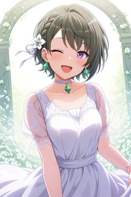 masterpiece, best quality, amazing quality,
<lora:Suzu_IL:1> suzu, 1girl, one eye closed, gem, solo, see-through sleeves, braid, smile, short hair, purple eyes, open mouth, see-through, flower, choker, dress, collarbone, short sleeves, jewelry, diamond (gemstone), white dress, looking at viewer, ;d, hair ornament, earrings, upper body, blush