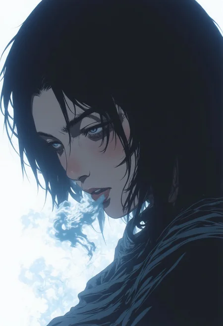 ne0nfant4sy,An extreme close-up of a young woman exhaling pale blue smoke against a stark white background, her lips slightly parted as the wispy tendrils curl into the air. Soft, directional lighting sculpts her face—casting delicate shadows under her cheekbones and along the bridge of her nose—while her dark, loosely tousled hair frames her porcelain skin. Her downturned eyes, subtly lined with smudged charcoal, convey quiet melancholy, lost in thought. The smoke’s ethereal haze contrasts with the sharpness of her features, dissolving at the edges like a fading memory. Shot with a cinematic shallow depth of field (f/1.4) to isolate her from the void-like backdrop, emphasizing raw emotion and texture (skin, smoke, stray hairs).