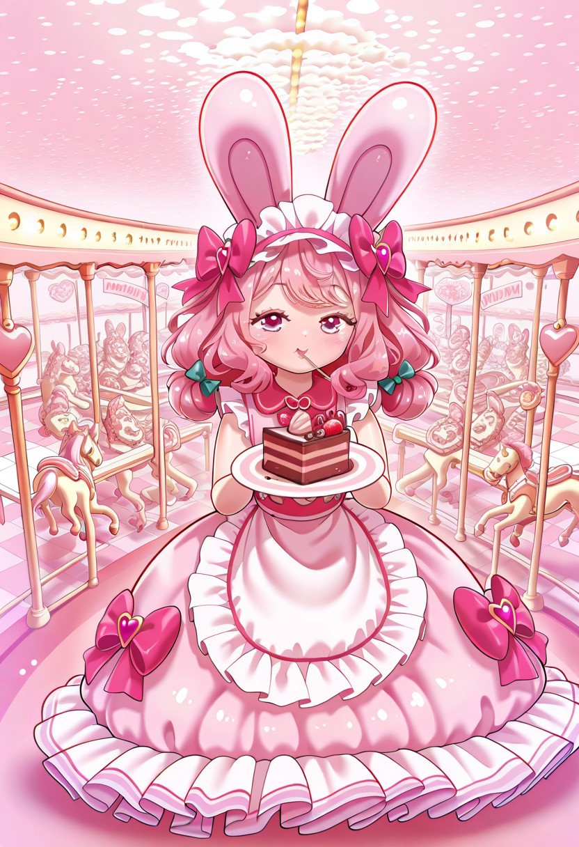 lazypos, character focused, cute anime girl, pastel color palette, candy themed outfit, bunny ears headband, frilly apron dress, turquoise pink ribbons, holding cake slice, surrounded by bunnies, floating candy pieces, carousel motif, joyful expression, dessert accessories, kawaii fashion, heart details, playful background, magical sweetness, teal bows, strawberry accents, lollipop decor, bubblegum fantasy, BornStyle