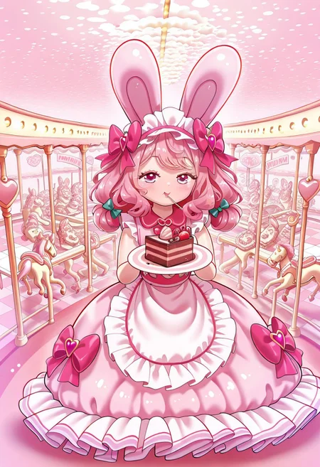 lazypos, character focused, cute anime girl, pastel color palette, candy themed outfit, bunny ears headband, frilly apron dress, turquoise pink ribbons, holding cake slice, surrounded by bunnies, floating candy pieces, carousel motif, joyful expression, dessert accessories, kawaii fashion, heart details, playful background, magical sweetness, teal bows, strawberry accents, lollipop decor, bubblegum fantasy, BornStyle