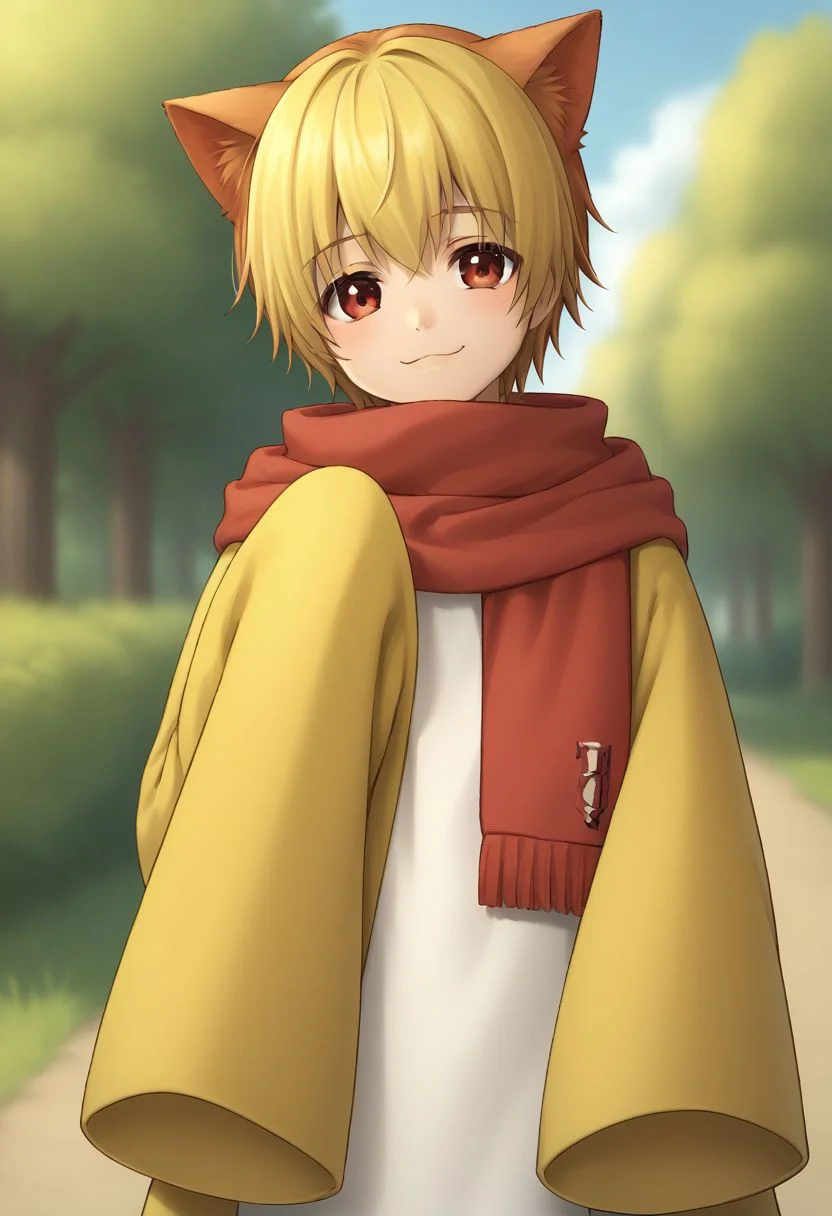 score_9, score_8_up, source_anime, highly detailed, cute,
sakuteru, solo, 1boy, male focus, blonde hair, animal ears, red eyes, scarf, :3, cat ears, smile, sleeves past wrists,
outdoor,